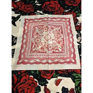 Floral Print Handkerchief Scarf 50 Cotton 50 Poly Made in USA Red White vintage